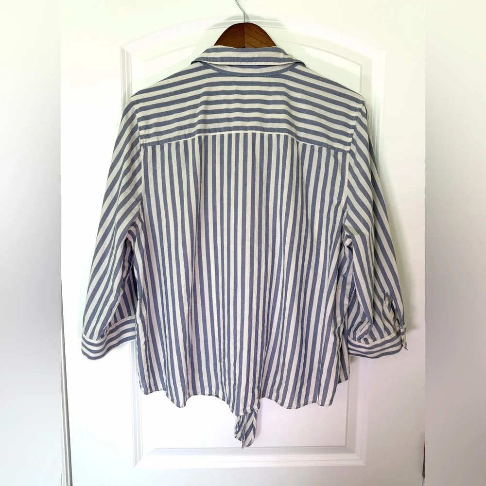 Chico's Nautical Blue Striped Poplin Tie Front Button Down Shirt Tunic Sz 3 - Picture 7 of 9